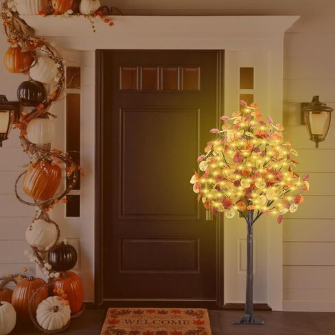 Remon 4FT Lighted Fall Tree - Artificial Fall Light Up Eucalyptus Tree with 60 Lights, 180 Leaves, Remote 8 Flashing Modes, Timing for Thanksgiving Autumn Harvest Indoor Outdoor Decorations in Saudi Arabia