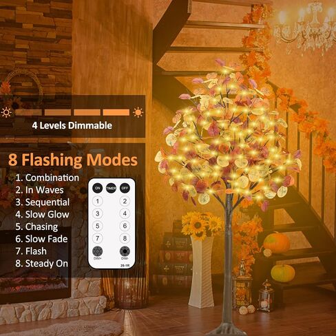 Remon 4FT Lighted Fall Tree - Artificial Fall Light Up Eucalyptus Tree with 60 Lights, 180 Leaves, Remote 8 Flashing Modes, Timing for Thanksgiving Autumn Harvest Indoor Outdoor Decorations in Saudi Arabia