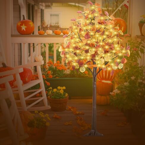Remon 4FT Lighted Fall Tree - Artificial Fall Light Up Eucalyptus Tree with 60 Lights, 180 Leaves, Remote 8 Flashing Modes, Timing for Thanksgiving Autumn Harvest Indoor Outdoor Decorations in Saudi Arabia