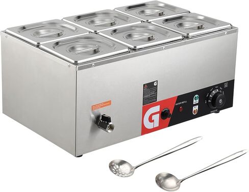سخان طعام تجاري 6 مقلاة - سعة كبيرة 6 * 2.6QT، طاولة بخار كهربائية 1200 وات، ستانلس ستيل، تسخين فعال، تحكم في درجة الحرارة 86-185 درجة فهرنهايت لتقديم الطعام والمطاعم in Saudi Arabia