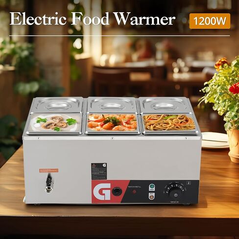 سخان طعام تجاري 6 مقلاة - سعة كبيرة 6 * 2.6QT، طاولة بخار كهربائية 1200 وات، ستانلس ستيل، تسخين فعال، تحكم في درجة الحرارة 86-185 درجة فهرنهايت لتقديم الطعام والمطاعم in Saudi Arabia