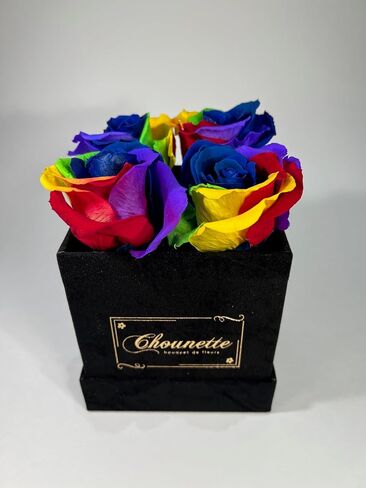 ورود Chounette المحفوظة - L' ETONNANTE - 4 ورود قوس قزح محفوظة في صندوق مخملي أسود - ورود أبدية - تدوم طوال العام in Saudi Arabia