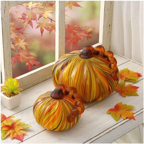 Glitzhome 2Pcs Multi Striped Glass Pumpkin, Hand-Blown Pumpkins Table Accent for Fall Halloween Thanksgiving Decor in Saudi Arabia