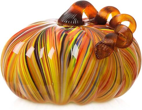 Glitzhome 2Pcs Multi Striped Glass Pumpkin, Hand-Blown Pumpkins Table Accent for Fall Halloween Thanksgiving Decor in Saudi Arabia