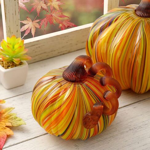 Glitzhome 2Pcs Multi Striped Glass Pumpkin, Hand-Blown Pumpkins Table Accent for Fall Halloween Thanksgiving Decor in Saudi Arabia