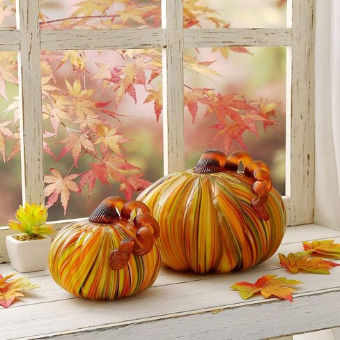 Glitzhome 2Pcs Multi Striped Glass Pumpkin, Hand-Blown Pumpkins Table Accent for Fall Halloween Thanksgiving Decor in Saudi Arabia