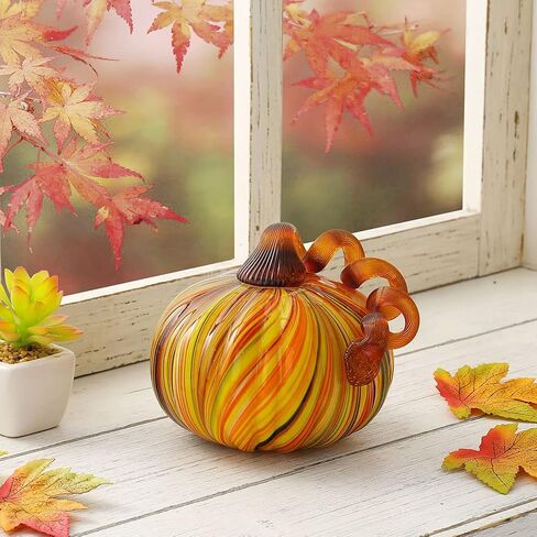 Glitzhome 2Pcs Multi Striped Glass Pumpkin, Hand-Blown Pumpkins Table Accent for Fall Halloween Thanksgiving Decor in Saudi Arabia