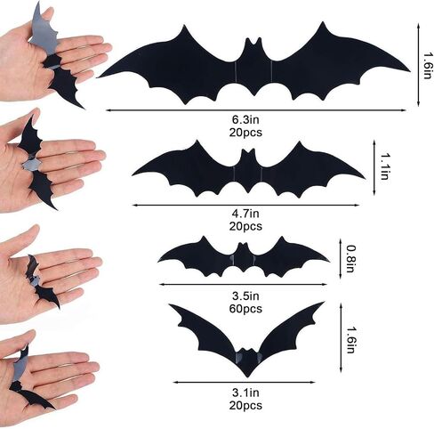 Sticker Paper 3D Bat Halloween Decoration Waterproof Plastic Wall Bats Decor Window Clings Decals DIY Wall Decal Black 100Pcs in Kuwait