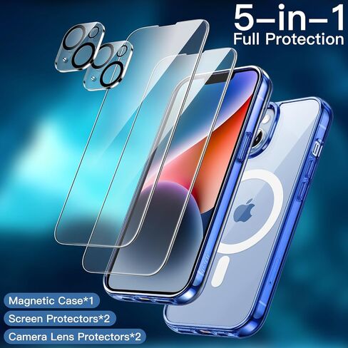 حافظة JETech 5 في 1 مغناطيسية لهاتف iPhone 14 مقاس 6.1 بوصة مع واقي شاشة من الزجاج المقوى وحامي عدسة الكاميرا، متوافقة مع MagSafe، وغطاء هاتف مقاوم للصدمات (شفاف) in Saudi Arabia