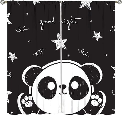 Cartoon Panda Curtains,Each Panel W21 x 45" L,Black White Cute Animal Window Treatments for Kids Child Bedroom Living Room Window Drapes 2 Panel Set,Total Size 42" x 45" in Kuwait