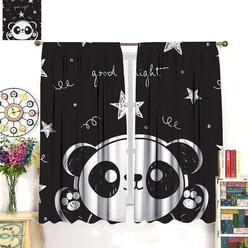 Cartoon Panda Curtains,Each Panel W21 x 45" L,Black White Cute Animal Window Treatments for Kids Child Bedroom Living Room Window Drapes 2 Panel Set,Total Size 42" x 45" in Kuwait