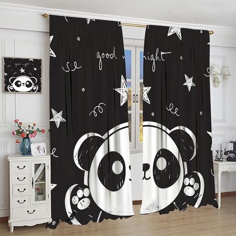 Cartoon Panda Curtains,Each Panel W21 x 45" L,Black White Cute Animal Window Treatments for Kids Child Bedroom Living Room Window Drapes 2 Panel Set,Total Size 42" x 45" in Kuwait