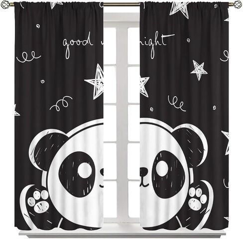 Cartoon Panda Curtains,Each Panel W21 x 45" L,Black White Cute Animal Window Treatments for Kids Child Bedroom Living Room Window Drapes 2 Panel Set,Total Size 42" x 45" in Kuwait