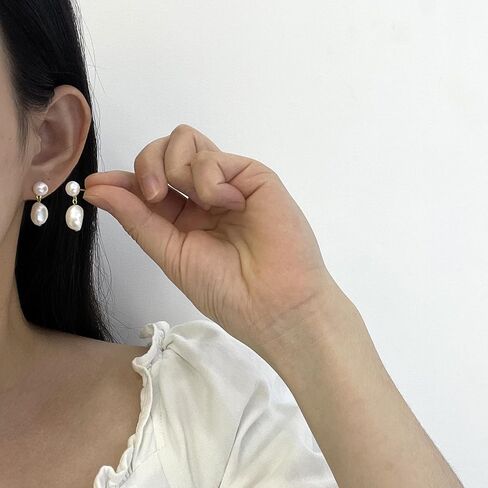 14K Gold Plated Cultured White Baroque Pearl Dangly Drop Earrings for Women Trendy in Saudi Arabia