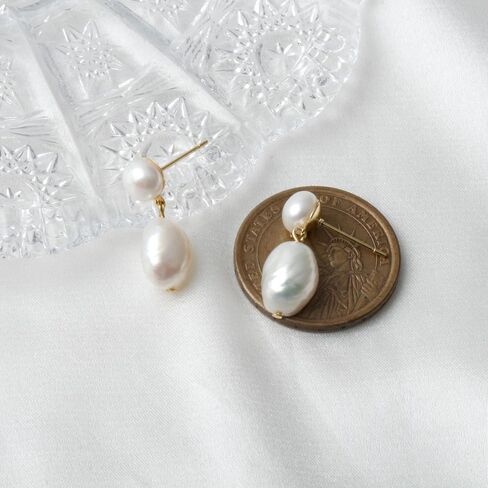 14K Gold Plated Cultured White Baroque Pearl Dangly Drop Earrings for Women Trendy in Saudi Arabia