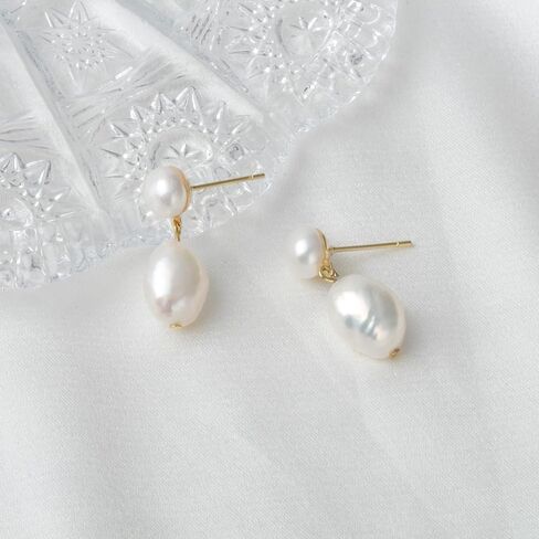 14K Gold Plated Cultured White Baroque Pearl Dangly Drop Earrings for Women Trendy in Saudi Arabia