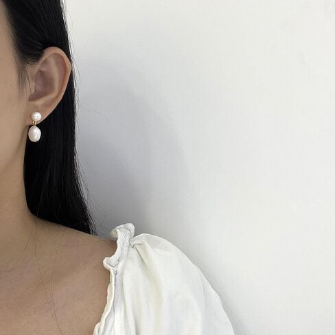 14K Gold Plated Cultured White Baroque Pearl Dangly Drop Earrings for Women Trendy in Saudi Arabia