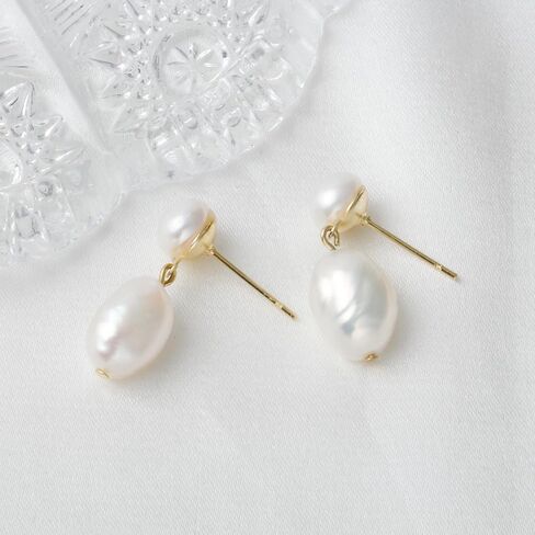 14K Gold Plated Cultured White Baroque Pearl Dangly Drop Earrings for Women Trendy in Saudi Arabia