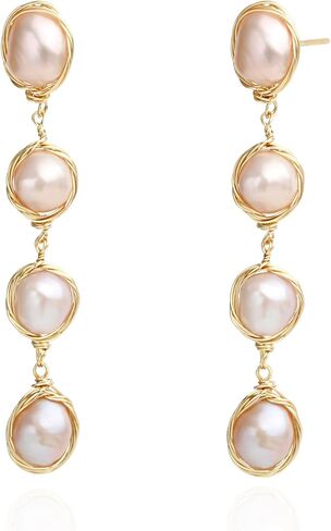 14K Gold Plated Cultured White Baroque Pearl Dangly Drop Earrings for Women Trendy in Saudi Arabia