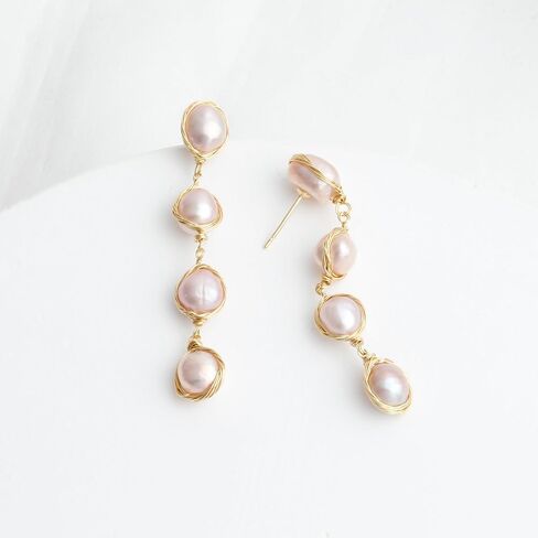 14K Gold Plated Cultured White Baroque Pearl Dangly Drop Earrings for Women Trendy in Saudi Arabia