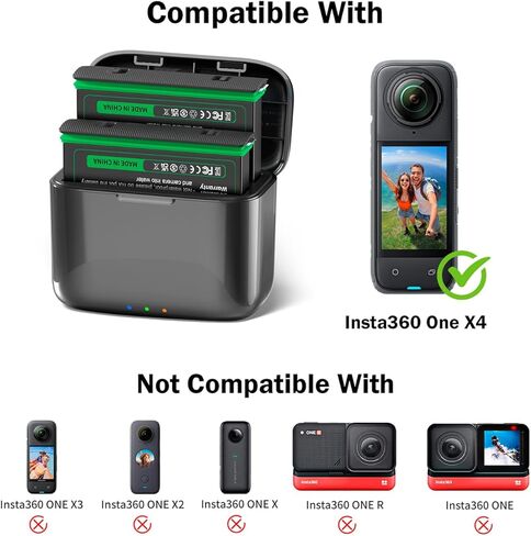 قطعتان من البطاريات المتوافقة مع محطة شحن سريعة لبطارية Insta360 x4 ومحطة شحن 360x4 لملحقات Insta 360x4 مع فتحات بطاقة Misro SD (متضمنة بطاريات X4 2500 مللي أمبير في الساعة) in Kuwait