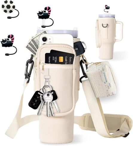 Water Bottle Carrier Bag with Phone Pocket for Stanley 40oz Tumbler, Water Cup Pouch Holder with Straw Cover & Keychain, Adjustable Shoulder Strap for Stanley Cup Accessories in Saudi Arabia