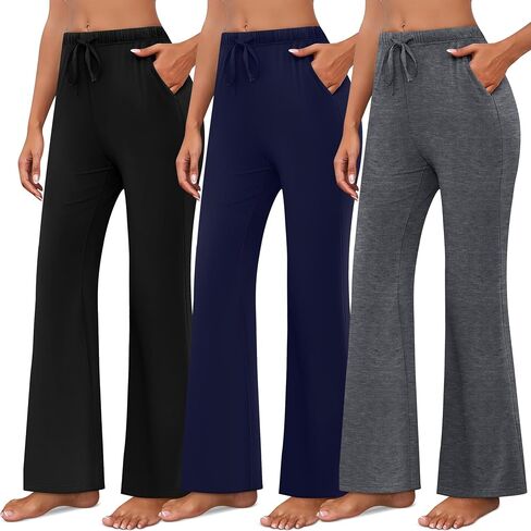Neer 3 Pack Women's Wide Leg Palazzo Pants, Casual Flared Knit Sweat Pants Stretchy Flowy Drawstring Joggers with Pockets in Saudi Arabia