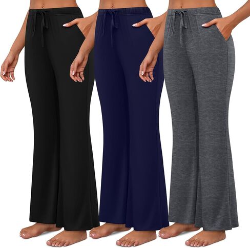 Neer 3 Pack Women's Wide Leg Palazzo Pants, Casual Flared Knit Sweat Pants Stretchy Flowy Drawstring Joggers with Pockets in Saudi Arabia