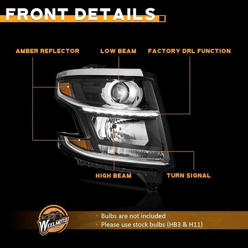 Headlights for 2015-2020 Tahoe/Suburban, 2016-2019 Chevy 3500HD Halogen Type Headlamp Black Housing Amber Reflector Left+Right Side in Saudi Arabia