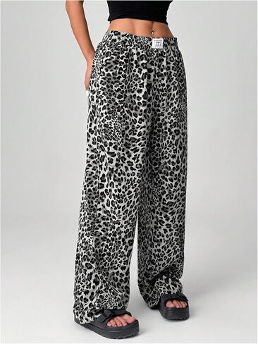Floerns Women's Leopard Print Patched Elastic Waist Straight Leg Streetwear Trousers Sweatpants in Saudi Arabia