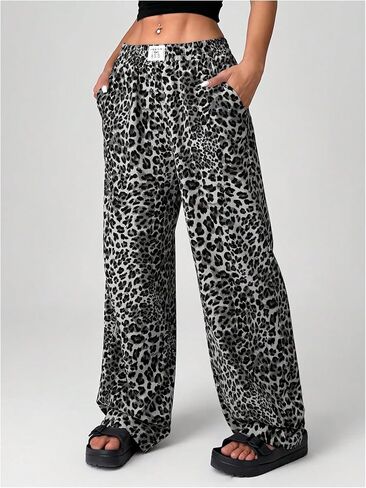 Floerns Women's Leopard Print Patched Elastic Waist Straight Leg Streetwear Trousers Sweatpants in Saudi Arabia