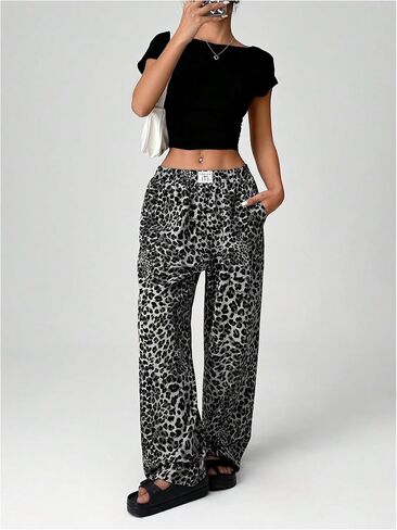 Floerns Women's Leopard Print Patched Elastic Waist Straight Leg Streetwear Trousers Sweatpants in Saudi Arabia