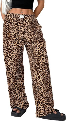 Floerns Women's Leopard Print Patched Elastic Waist Straight Leg Streetwear Trousers Sweatpants in Saudi Arabia