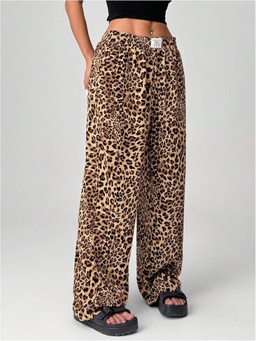 Floerns Women's Leopard Print Patched Elastic Waist Straight Leg Streetwear Trousers Sweatpants in Saudi Arabia