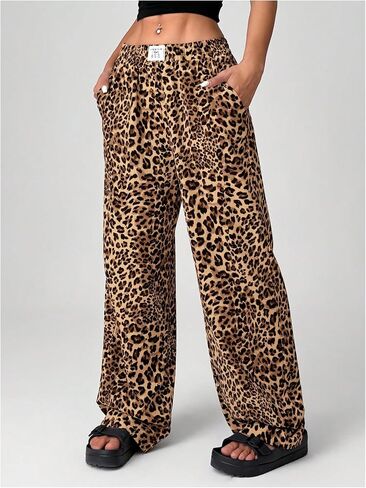Floerns Women's Leopard Print Patched Elastic Waist Straight Leg Streetwear Trousers Sweatpants in Saudi Arabia