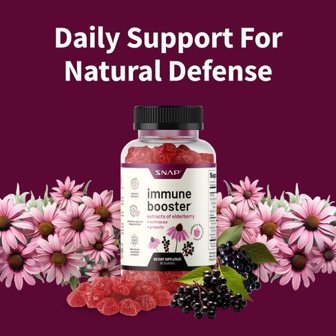 مكمل دعم المناعة Snap Elderberry Gummies مع فيتامين C، والبروبوليس، وخلاصة إشنسا، علكة Elderberry للأطفال والكبار - تعزيز المناعة ودعم التعافي (60 علكة) in Kuwait