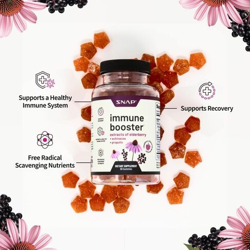 مكمل دعم المناعة Snap Elderberry Gummies مع فيتامين C، والبروبوليس، وخلاصة إشنسا، علكة Elderberry للأطفال والكبار - تعزيز المناعة ودعم التعافي (60 علكة) in Kuwait