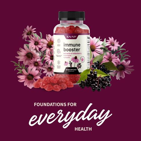 مكمل دعم المناعة Snap Elderberry Gummies مع فيتامين C، والبروبوليس، وخلاصة إشنسا، علكة Elderberry للأطفال والكبار - تعزيز المناعة ودعم التعافي (60 علكة) in Kuwait