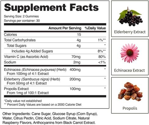 مكمل دعم المناعة Snap Elderberry Gummies مع فيتامين C، والبروبوليس، وخلاصة إشنسا، علكة Elderberry للأطفال والكبار - تعزيز المناعة ودعم التعافي (60 علكة) in Kuwait