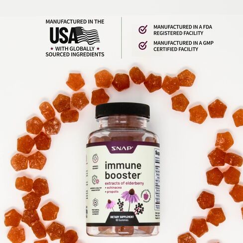 مكمل دعم المناعة Snap Elderberry Gummies مع فيتامين C، والبروبوليس، وخلاصة إشنسا، علكة Elderberry للأطفال والكبار - تعزيز المناعة ودعم التعافي (60 علكة) in Kuwait