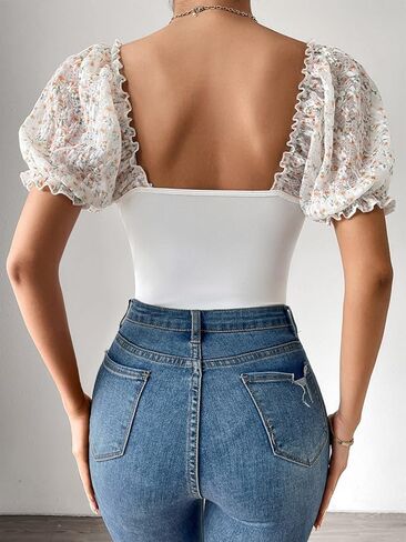 OYOANGLE Women's Puff Short Sleeve Bodysuit Floral Lace Mesh Sweetheart Neck Body Suits in Saudi Arabia