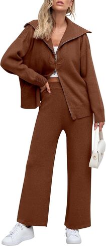 Caracilia Womens 2 Piece Sweater Set Knit Zip Up Hoodie Wide Leg Pants Lounge Matching Sets Tracksuit Loungewear 2024 Outfits in Saudi Arabia