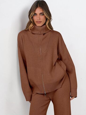 Caracilia Womens 2 Piece Sweater Set Knit Zip Up Hoodie Wide Leg Pants Lounge Matching Sets Tracksuit Loungewear 2024 Outfits in Saudi Arabia