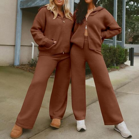 Caracilia Womens 2 Piece Sweater Set Knit Zip Up Hoodie Wide Leg Pants Lounge Matching Sets Tracksuit Loungewear 2024 Outfits in Saudi Arabia