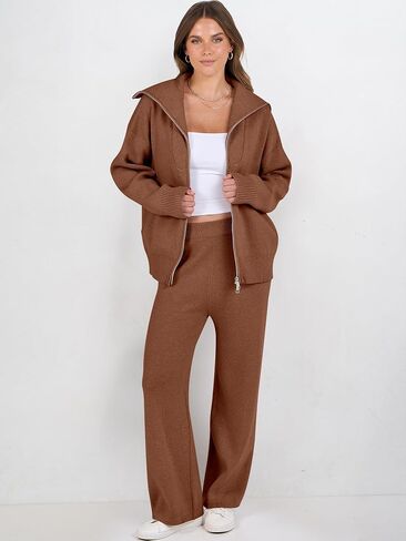 Caracilia Womens 2 Piece Sweater Set Knit Zip Up Hoodie Wide Leg Pants Lounge Matching Sets Tracksuit Loungewear 2024 Outfits in Saudi Arabia