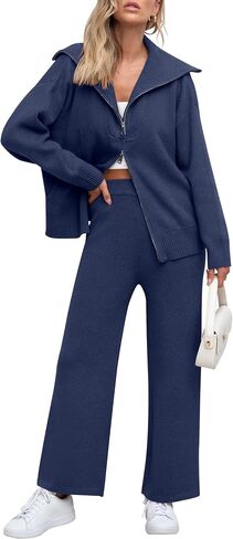 Caracilia Womens 2 Piece Sweater Set Knit Zip Up Hoodie Wide Leg Pants Lounge Matching Sets Tracksuit Loungewear 2024 Outfits in Saudi Arabia