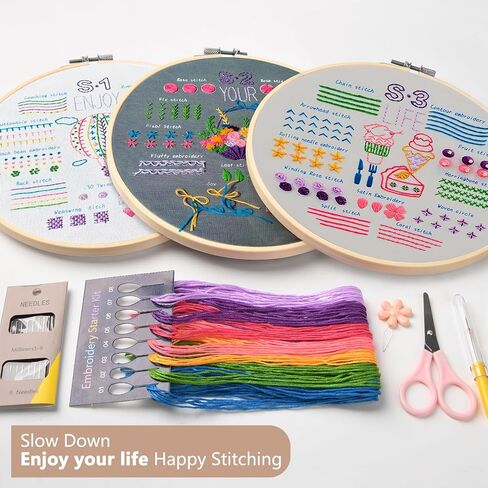 Dortusen 3 Sets Embroidery Kit for Beginners Adults Learn Different Stitches DIY Kits Includes Embroidery Tools Easy to Follow Instruction Embroidery Kit in Saudi Arabia