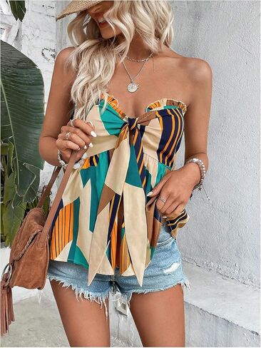 GORGLITTER Women's Striped Strapless Tube Top Sleeveless Front Tie Bow Knot Ruffle Peplum Tops in Saudi Arabia