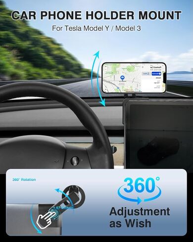 مناسب حسب الطلب لحامل الهاتف جبل Tesla Model Y/3/ S/X حامل هاتف السيارة قابل للتعديل حامل هاتف شاشة مغناطيسي 360 درجة دوران حر ملحقات Tesla حامل الهاتف (B-أسود) in Kuwait