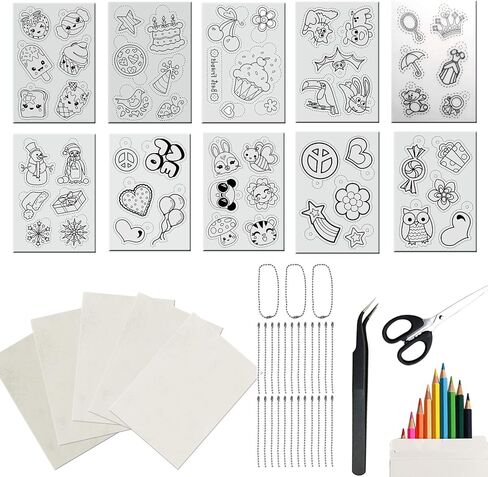 Woohome 19 PCS Heat Shrink Plastic Sheet Kit, 15 PCS Heat Shrink Paper with Chains, Pencils, Scissors and Tweezers for Adults Kids Creative Craft School Project in Kuwait